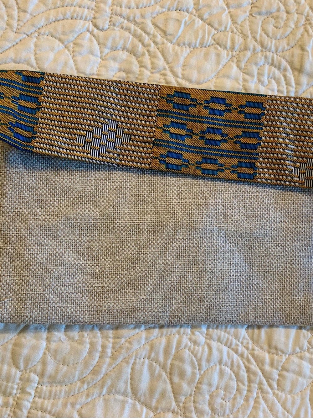 Woven Blue and Tan Geo Strap with Neutral Linen Panel